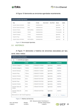 A097 - Manual do Usuário F-OmniChannel v.1
Autor: Jean Richard Alteração: Aprovador: Rodrigo Schiavini
2231/08/2015 14/10/2015 31/08/2015
A Figura 10 demonstra as sincronias agendadas recentemente.
Figura 10: Sincronização Agendada.
3.5 HISTÓRICO
A Figura 11 demonstra o histórico de sincronias executadas por tipo,
canal, data e status.
Figura 11: Histórico de Sincronia.
 
