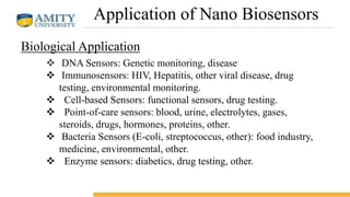 Application of Nano Biosensors
Biological Application
 DNA Sensors: Genetic monitoring, disease
 Immunosensors: HIV, Hepatitis, other viral disease, drug
testing, environmental monitoring.
 Cell-based Sensors: functional sensors, drug testing.
 Point-of-care sensors: blood, urine, electrolytes, gases,
steroids, drugs, hormones, proteins, other.
 Bacteria Sensors (E-coli, streptococcus, other): food industry,
medicine, environmental, other.
 Enzyme sensors: diabetics, drug testing, other.
 