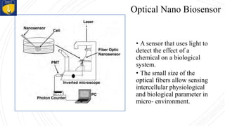 • A sensor that uses light to
detect the effect of a
chemical on a biological
system.
• The small size of the
optical fibers allow sensing
intercellular physiological
and biological parameter in
micro- environment.
Optical Nano Biosensor
 