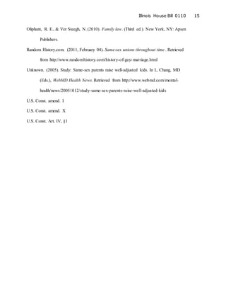 Illinois House Bill 0110 15
Oliphant, R. E., & Ver Steegh, N. (2010). Family law. (Third ed.). New York, NY: Apsen
Publishers.
Random History.com. (2011, February 04). Same-sex unions throughout time . Retrieved
from http://www.randomhistory.com/history-of-gay-marriage.html
Unknown. (2005). Study: Same-sex parents raise well-adjusted kids. In L. Chang, MD
(Eds.), WebMD Health News. Retrieved from http://www.webmd.com/mental-
health/news/20051012/study-same-sex-parents-raise-well-adjusted-kids
U.S. Const. amend. I
U.S. Const. amend. X
U.S. Const. Art. IV, §1
 