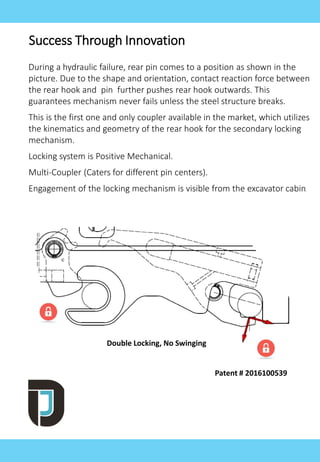 Success Through Innovation
During a hydraulic failure, rear pin comes to a position as shown in the
picture. Due to the shape and orientation, contact reaction force between
the rear hook and pin further pushes rear hook outwards. This
guarantees mechanism never fails unless the steel structure breaks.
This is the first one and only coupler available in the market, which utilizes
the kinematics and geometry of the rear hook for the secondary locking
mechanism.
Locking system is Positive Mechanical.
Multi-Coupler (Caters for different pin centers).
Engagement of the locking mechanism is visible from the excavator cabin.
Double Locking, No Swinging
Patent # 2016100539
 