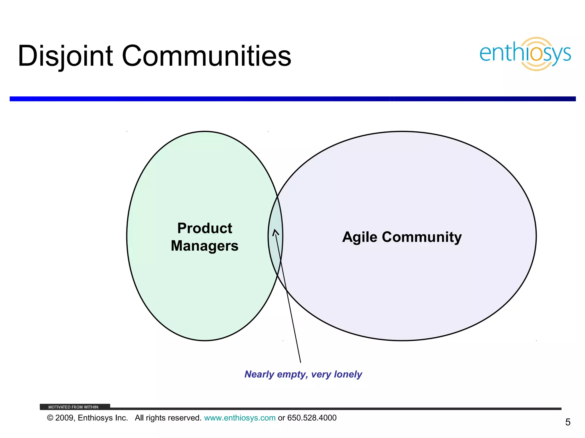 Disjoint Communities




                                   Product
                                                                                  Agile Community
                                  Managers




                                                      Nearly empty, very lonely



  © 2009, Enthiosys Inc. All rights reserved. www.enthiosys.com or 650.528.4000
                                                                                                    5
 