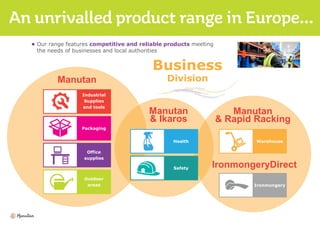 • Our range features competitive and reliable products meeting
the needs of businesses and local authorities
Business
Division
Industrial
Supplies
and tools
Packaging
Office
supplies
Outdoor
areas
Health
Safety
Warehouse
Ironmongery
Manutan
Manutan
& Ikaros
Manutan
& Rapid Racking
IronmongeryDirect
 