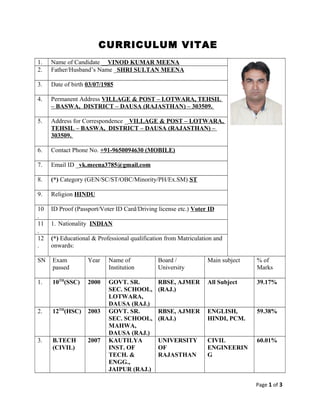 CURRICULUM VITAE
1. Name of Candidate __VINOD KUMAR MEENA
2. Father/Husband’s Name _SHRI SULTAN MEENA
3. Date of birth 03/07/1985
4. Permanent Address VILLAGE & POST – LOTWARA, TEHSIL
– BASWA, DISTRICT – DAUSA (RAJASTHAN) – 303509.
5. Address for Correspondence _ VILLAGE & POST – LOTWARA,
TEHSIL – BASWA, DISTRICT – DAUSA (RAJASTHAN) –
303509.
6. Contact Phone No. +91-9650094630 (MOBILE)
7. Email ID _vk.meena3785@gmail.com
8. (*) Category (GEN/SC/ST/OBC/Minority/PH/Ex.SM) ST
9. Religion HINDU
10
.
ID Proof (Passport/Voter ID Card/Driving license etc.) Voter ID
11
.
1. Nationality INDIAN
12
.
(*) Educational & Professional qualification from Matriculation and
onwards:
SN Exam
passed
Year Name of
Institution
Board /
University
Main subject % of
Marks
1. 10TH
(SSC) 2000 GOVT. SR.
SEC. SCHOOL,
LOTWARA,
DAUSA (RAJ.)
RBSE, AJMER
(RAJ.)
All Subject 39.17%
2. 12TH
(HSC) 2003 GOVT. SR.
SEC. SCHOOL,
MAHWA,
DAUSA (RAJ.)
RBSE, AJMER
(RAJ.)
ENGLISH,
HINDI, PCM.
59.38%
3. B.TECH
(CIVIL)
2007 KAUTILYA
INST. OF
TECH. &
ENGG.,
JAIPUR (RAJ.)
UNIVERSITY
OF
RAJASTHAN
CIVIL
ENGINEERIN
G
60.01%
Page 1 of 3
 