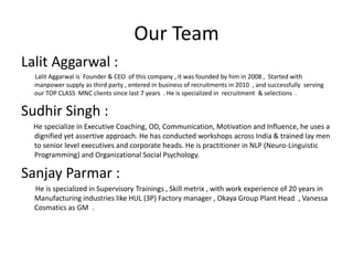 Our Team
Lalit Aggarwal :
Lalit Aggarwal is Founder & CEO of this company , it was founded by him in 2008 , Started with
manpower supply as third party , entered in business of recruitments in 2010 , and successfully serving
our TOP CLASS MNC clients since last 7 years . He is specialized in recruitment & selections .
Sudhir Singh :
He specialize in Executive Coaching, OD, Communication, Motivation and Influence, he uses a
dignified yet assertive approach. He has conducted workshops across India & trained lay men
to senior level executives and corporate heads. He is practitioner in NLP (Neuro-Linguistic
Programming) and Organizational Social Psychology.
Sanjay Parmar :
He is specialized in Supervisory Trainings , Skill metrix , with work experience of 20 years in
Manufacturing industries like HUL (3P) Factory manager , Okaya Group Plant Head , Vanessa
Cosmatics as GM .
 