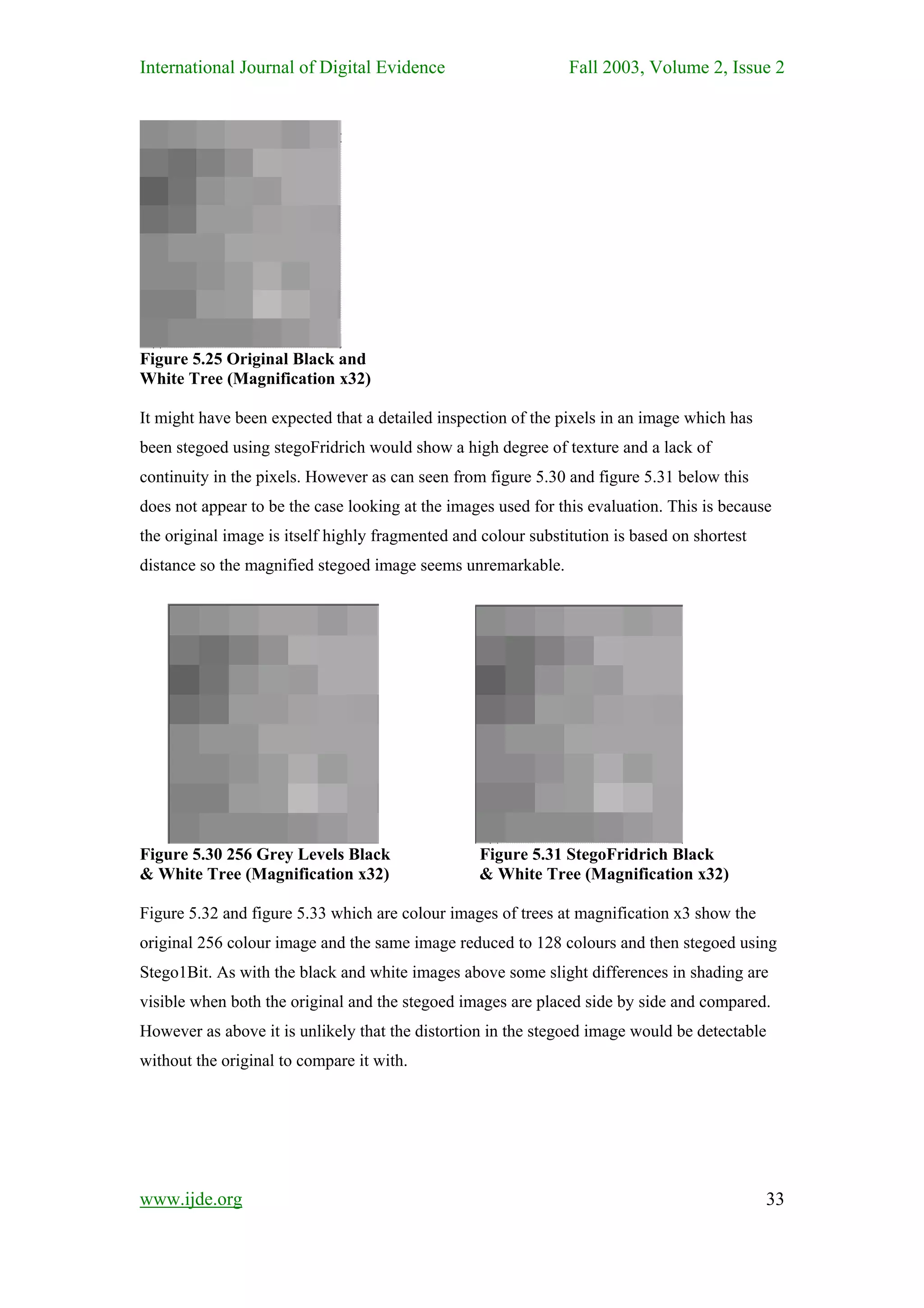 International Journal of Digital Evidence                       Fall 2003, Volume 2, Issue 2




Figure 5.25 Original Black and
White Tree (Magnification x32)

It might have been expected that a detailed inspection of the pixels in an image which has
been stegoed using stegoFridrich would show a high degree of texture and a lack of
continuity in the pixels. However as can seen from figure 5.30 and figure 5.31 below this
does not appear to be the case looking at the images used for this evaluation. This is because
the original image is itself highly fragmented and colour substitution is based on shortest
distance so the magnified stegoed image seems unremarkable.




Figure 5.30 256 Grey Levels Black                 Figure 5.31 StegoFridrich Black
& White Tree (Magnification x32)                  & White Tree (Magnification x32)

Figure 5.32 and figure 5.33 which are colour images of trees at magnification x3 show the
original 256 colour image and the same image reduced to 128 colours and then stegoed using
Stego1Bit. As with the black and white images above some slight differences in shading are
visible when both the original and the stegoed images are placed side by side and compared.
However as above it is unlikely that the distortion in the stegoed image would be detectable
without the original to compare it with.




www.ijde.org                                                                                  33
 