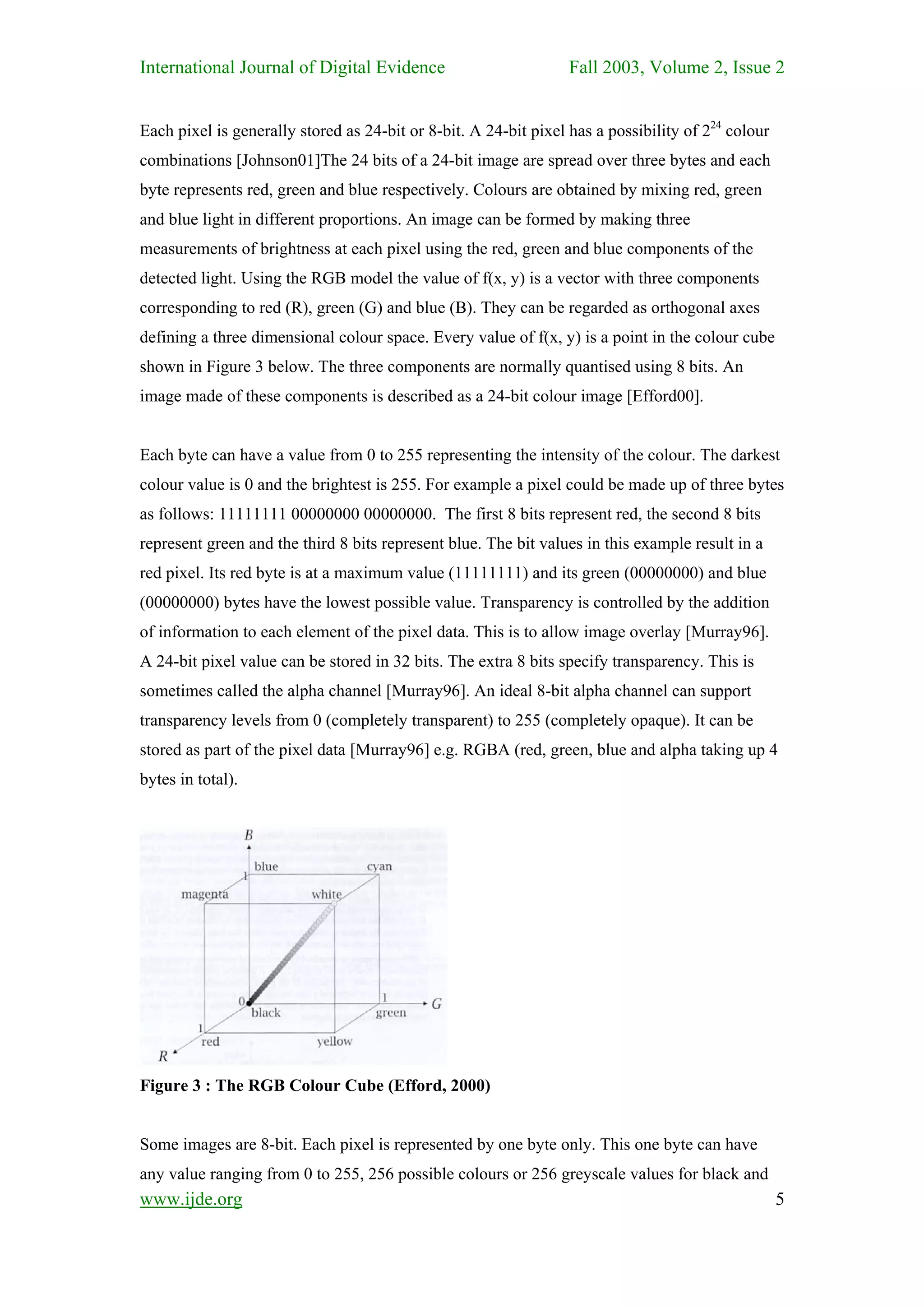 International Journal of Digital Evidence                         Fall 2003, Volume 2, Issue 2


Each pixel is generally stored as 24-bit or 8-bit. A 24-bit pixel has a possibility of 224 colour
combinations [Johnson01]The 24 bits of a 24-bit image are spread over three bytes and each
byte represents red, green and blue respectively. Colours are obtained by mixing red, green
and blue light in different proportions. An image can be formed by making three
measurements of brightness at each pixel using the red, green and blue components of the
detected light. Using the RGB model the value of f(x, y) is a vector with three components
corresponding to red (R), green (G) and blue (B). They can be regarded as orthogonal axes
defining a three dimensional colour space. Every value of f(x, y) is a point in the colour cube
shown in Figure 3 below. The three components are normally quantised using 8 bits. An
image made of these components is described as a 24-bit colour image [Efford00].


Each byte can have a value from 0 to 255 representing the intensity of the colour. The darkest
colour value is 0 and the brightest is 255. For example a pixel could be made up of three bytes
as follows: 11111111 00000000 00000000. The first 8 bits represent red, the second 8 bits
represent green and the third 8 bits represent blue. The bit values in this example result in a
red pixel. Its red byte is at a maximum value (11111111) and its green (00000000) and blue
(00000000) bytes have the lowest possible value. Transparency is controlled by the addition
of information to each element of the pixel data. This is to allow image overlay [Murray96].
A 24-bit pixel value can be stored in 32 bits. The extra 8 bits specify transparency. This is
sometimes called the alpha channel [Murray96]. An ideal 8-bit alpha channel can support
transparency levels from 0 (completely transparent) to 255 (completely opaque). It can be
stored as part of the pixel data [Murray96] e.g. RGBA (red, green, blue and alpha taking up 4
bytes in total).




Figure 3 : The RGB Colour Cube (Efford, 2000)


Some images are 8-bit. Each pixel is represented by one byte only. This one byte can have
any value ranging from 0 to 255, 256 possible colours or 256 greyscale values for black and
www.ijde.org                                                                                        5
 