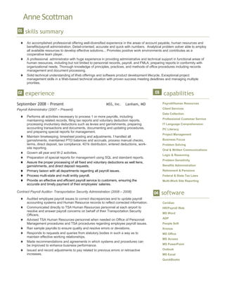 skills summary
♦ An accomplished professional offering well-diversified experience in the areas of account payable, human resources and
benefits/payroll administration. Detail-oriented, accurate and quick with numbers. Analytical problem solver able to employ
all available resources to develop effective solutions... Promotes positive work environments and contributes as a
cooperative team player.
♦ A professional administrator with huge experience in providing administrative and technical support in functional areas of
human resources, including but not limited to personnel records, payroll, and FMLA; preparing reports in conformity with
organizational needs. Thorough knowledge of principles, practices, and methods of office procedures including records
management and document processing.
♦ Solid technical understanding of Web offerings and software product development lifecycle. Exceptional project
management skills in a Web-based technical situation with proven success meeting deadlines and managing multiple
priorities.
experience
September 2008 - Present MSS, Inc. Lanham, MD
Payroll Administrator (2007 – Present)
♦ Performs all activities necessary to process 1 or more payrolls, including
maintaining related records, filing tax reports and voluntary deduction reports,
processing involuntary deductions such as levies and garnishments, preparing
accounting transactions and documents, documenting and updating procedures,
and preparing special reports for management.
♦ Maintain timekeeping, timesheet posting and adjustments. I handled all
garnishments, maintained PTO balances and accruals, process manual checks,
terms, direct deposit, tax compliance, 401k distribution, entered deductions, work-
site reporting.
♦ Govern all year end W-2 activities.
♦ Preparation of special reports for management using SQL and standard reports.
♦ Assure the proper processing of all fixed and voluntary deductions as well liens,
garnishments, and direct deposit requests.
♦ Primary liaison with all departments regarding all payroll issues.
♦ Process multi-state and multi entity payroll.
♦ Provide an effective and efficient payroll service to customers, ensuring the
accurate and timely payment of their employees’ salaries.
Contract Payroll Auditor- Transportation Security Administration (2008 – 2008)
♦ Audited employee payroll issues to correct discrepancies and to update payroll
accounting systems and Human Resource records to reflect corrected information.
♦ Communicated directly to TSA Human Resources personnel at each airport to
resolve and answer payroll concerns on behalf of their Transportation Security
Officers.
♦ Advised TSA Human Resources personnel when needed on Office of Personnel
Management procedures and TSA procedures regarding employee payroll issues.
♦ Ran sample payrolls to ensure quality and resolve errors or deviations.
♦ Responds to requests and queries from statutory bodies in such a way as to
maintain effective working relationships.
♦ Made recommendations and agreements in which systems and procedures can
be improved to enhance business performance.
♦ Issued and record adjustments to pay related to previous errors or retroactive
increases.
capabilities
Payroll/Human Resources
Client Services
Data Collection
Professional Customer Service
IT Language Comprehension
PC Literacy
Project Management
Business Focus
Problem Solving
Oral & Written Communications
Logic & Reasoning
Problem Sensitivity
Benefits Administration
Retirement & Pensions
Federal & State Tax Laws
Multi-Work Site Reporting
software
Ceridian
HR/Payroll Web
MS Word
ADP
People Soft
Kronos
MS Office
MS Access
MS PowerPoint
Outlook
MS Excel
QuickBooks
01
02
04
03
AnneScottman
 