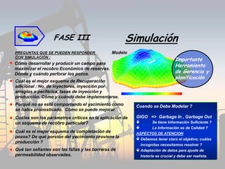 Permite modelar proceso complejos.
Hacer sensibilidades y analizar
diferentes escenarios de explotación.
 AGA
 SAGD (Steam Assisted Gravity Drainage)
 Foamy Oil
 IAV
 ICV
 Trazadores
 ASP (Alkali Surfactant Polymer)
Cuando se Debe Modelar ?
GIGO => Garbage In , Garbage Out
 Se tiene Información Suficiente ?
 La Información es de Calidad ?
ASPECTOS DE ATENCION
 Debemos tener claro el objetivo; cuáles
incognitas necesitamos resolver ?
 Adaptación de datos para ajuste de
historia es crucial y debe ser realista.
FASE III Simulación
ModeloPREGUNTAS QUE SE PUEDEN RESPONDER
CON SIMULACIÓN :
Cómo desarrollar y producir un campo para
maximizar el recobro Económico de reservas.
Dónde y cuándo perforar los pozos.
Cuál es el mejor esquema de Recuperación
adicional : No. de inyectores, inyección por
arreglos o periférica, tasas de inyección y
producción. Cómo y cuándo debe implementarse.
Porqué no se está comportando el yacimiento como
se había pronosticado. Cómo se puede mejorar.
Cuáles son los parámetros críticos en la aplicación de
un esquema de recobro particular?
Cuál es el mejor esquema de completación de
pozos? De qué porción del yacimiento proviene la
producción ?
Qué tan sellantes son las fallas y las barreras de
permeabilidad observadas.
Importante
Herramienta
de Gerencia y
planificación
 
