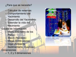 ¿Para que se necesita?
– Cálculos de reservas
– Comportamiento del
Yacimiento
– Desarrollo del Yacimiento
– Extender la vida del
Yacimiento
Escala de Información
– Micro (Diámetro de los
Poros)
– Macro (Núcleos)
– Mega (Entre pozos)
– Giga (Ambiente
Sedimentario, Cuencas)
Dimensiones
– 1, 2 y 3 dimensiones
 