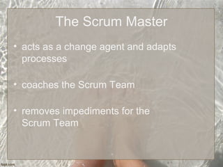 The Scrum Master
• acts as a change agent and adapts
processes
• coaches the Scrum Team
• removes impediments for the
Scrum Team
 