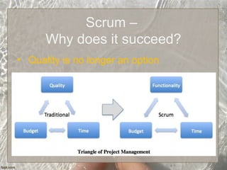 Scrum –
Why does it succeed?
• Quality is no longer an option
 