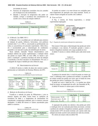 3
de trabalho do motor;
• Sensores de temperatura instalados fora do caminho
de circulação do ar de resfriamento;
• Quando a elevação de temperatura não puder ser
medida, corrigir a resistência dos enrolamentos de
acordo com a classe de isolação (tabela I).
TABELA I
TEMPERATURA ESPECIFICADA
Classificação térmica do isolamento Temperatura de referência ºC
A 75
B 95
F 115
H 130
A. O Método 2 da NBR-5383-1
O Método 2 foi o escolhido por ser indicado para motores
de indução de gaiola, trifásicos, horizontais, com potência
nominal entre 1 cv e 250 cv, encaixando-se perfeitamente em
todas as características do presente experimento. Além disso,
ele é recomendado para a determinação do rendimento
garantido a ser marcado na placa de identificação do motor.
Neste método, chamado “Ensaio dinamométrico com
medição indireta das perdas suplementares e medição direta
das perdas no estator (I²R), no rotor (I²R), no núcleo e por
atrito e ventilação”, a potência mecânica do motor de indução
é transferida a um freio mecânico ou dinamômetro. No caso, o
conjugado de reação é medido por uma célula de carga.
IV. PROCEDIMENTOS DE ENSAIO
A tabela II mostra os dados de placa dos motores usados,
pertencentes ao Laboratório de Sistemas Motrizes da UFU.
TABELA II
DADOS DE PLACA DOS MOTORES USADOS NOS ENSAIOS
Linha Padrão Alto Rendimento
Potência: 1,5 cv 1,1 HP Potência: 1,5 cv 1,1 HP
Velocidade: 3370 rpm 60Hz Velocidade: 3400 rpm 60Hz
FS 1,15 Cat N Reg S1 FS 1,15 Cat N Reg S1
Ip/In 7,5 Isol B IP 55 Ip/In 7,5 Isol F IP 55
220/380 V 4,27/2,47 A 220/380 V 4,0/2,32 A
η 78,6% cosφ 0,86 η 83,0% cosφ 0,87
A. Medição da Resistência do Estator
Usando-se o método da ponte de Wheatstone e com os
motores ligados em delta, foram feitas as medições de
resistência de linha e a temperatura de enrolamento foi
considerada a temperatura ambiente, pois os motores estavam
desligados. A tabela III mostra os valores encontrados para
ambos os motores.
TABELA III
MEDIÇÃO DA RESISTÊNCIA DO ESTATOR
Resistências Medidas Linha Padrão Alto Rendimento
Resistência por fase 4,04 3,95
Temperatura Ambiente 24,8º C
As perdas no estator e no rotor devem ser corrigidas para
uma temperatura de operação com carga nominal. Assim, os
valores foram corrigidos de acordo com a tabela I.
B. Teste em Vazio
A Fig. 2 mostra, de forma esquemática, o arranjo
experimental empregado.
Fig. 2. Esquema de conexão para realização dos experimentos.
Este ensaio é feito para a determinação das perdas por atrito
e ventilação e nos núcleos. É realizado girando o motor a
tensão e frequência nominais sem carga acoplada no eixo.
A tabela V mostra os valores obtidos para cada motor neste
ensaio.
TABELA V
ENSAIO EM VAZIO
Medições Linha Padrão Alto Rendimento
Corrente [A] Média 2,118 1,896
Potência [W] Total 163,13 116,25
Fase A 219,49 219,49
Fase B 220,01 219,99Tensão [V]
Fase C 219,20 219,16
A potência de entrada lida é o total de perdas no motor em
vazio. A diferença entre a potência de entrada e as perdas I2
R
no estator resulta nas perdas em vazio, que se tratam da soma
das perdas por atrito e ventilação e nos núcleos.
A perda em vazio é dada por Wvaz e as perdas por efeito
Joule no estator, na temperatura do teste, são chamadas de W0.
A tabela VI mostra os valores para os dois motores.
TABELA VI
PERDAS EM VAZIO E POR EFEITO JOULE NO ESTATOR
Linha Padrão Alto Rendimento
Potência entrada – P0 [W] 163,13 116,25
Perda Joule estator – W0 [W] 18,09 14,08
Perda a vazio – Wvaz [W] 145,04 102,07
A separação das perdas nos núcleos e das perdas por atrito
e ventilação deve ser realizada pela leitura da tensão, corrente
e potência de entrada à frequência nominal, quando a tensão é
variada desde 125% da tensão nominal, até o ponto onde uma
redução da tensão acarrete num aumento do valor da corrente.
Os valores do ensaio estão na tabela VII.
SBSE 2008 - Simpósio Brasileiro de Sistemas Elétricos 2008 – Belo Horizonte – MG – 27 a 30 de abril
 