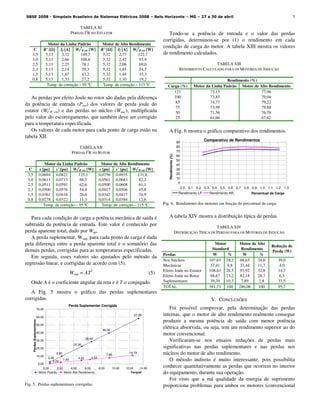 5
TABELA XI
PERDAS I2
R NO ESTATOR
Motor da Linha Padrão Motor de Alto Rendimento
C R’ [ ] If [A] WI
2
R est [W] R’ [ ] If [A] WI
2
R est [W]
3,5 5,13 3,12 149,7 5,32 2,77 122,7
3,0 5,13 2,66 108,6 5,32 2,42 93,9
2,5 5,13 2,25 78,1 5,32 2,08 69,0
2,3 5,13 2,14 70,3 5,32 1,85 54,5
1,5 5,13 1,67 43,2 5,32 1,44 33,3
0,8 5,13 1,33 27,2 5,32 1,10 19,2
Temp. de correção – 95 ºC Temp. de correção – 115 ºC
As perdas por efeito Joule no rotor são dadas pela diferença
da potência de entrada (Pent) dos valores de perda joule do
estator (WI
2
R est) e das perdas no núcleo (Wnuc), multiplicada
pelo valor do escorregamento, que também deve ser corrigido
para a temperatura especificada.
Os valores de cada motor para cada ponto de carga estão na
tabela XII.
TABELA XII
PERDAS I2
R NO ROTOR
Motor da Linha Padrão Motor de Alto Rendimento
C s [pu] s’ [pu] WI
2
R rot [W] s [pu] s’ [pu] WI
2
R rot [W]
3,5 0,0694 0,0822 125,1 0,0756 0,0935 131,8
3,0 0,0611 0,0713 88,7 0,0561 0,0683 82,2
2,5 0,0511 0,0591 62,6 0,0500 0,0608 61,1
2,3 0,0500 0,0576 54,4 0,0417 0,0506 45,8
1,5 0,0361 0,0416 26,6 0,0342 0,0417 24,9
0,8 0,0278 0,0322 11,3 0,0314 0,0384 12,6
Temp. de correção – 95 ºC Temp. de correção – 115 ºC
Para cada condição de carga a potência mecânica de saída é
subtraída da potência de entrada. Este valor é conhecido por
perda aparente total, dado por Wap.
A perda suplementar, Wsup, para cada ponto de carga é dada
pela diferença entre a perda aparente total e o somatório das
demais perdas, corrigidas para as temperaturas especificadas.
Em seguida, esses valores são ajustados pelo método da
regressão linear, e corrigidas de acordo com (5).
Wsup = AT2
(5)
Onde A é o coeficiente angular da reta e é T o conjugado.
A Fig. 5 mostra o gráfico das perdas suplementares
corrigidas.
Perda Suplementar Corrigida
57,99
9,85
2,46
22,36
28,44
39,39
10,79
1,84
0,50
4,42 5,50
7,89
0,00
10,00
20,00
30,00
40,00
50,00
60,00
70,00
0,00 2,00 4,00 6,00 8,00 10,00 12,00 14,00
Torque²
PerdasSuplementares
Motor Padrão Motor Alto Rendimento
Fig. 5. Perdas suplementares corrigidas.
Tendo-se a potência de entrada e o valor das perdas
corrigidas, determinou-se por (1) o rendimento em cada
condição de carga do motor. A tabela XIII mostra os valores
de rendimento calculados.
TABELA XIII
RENDIMENTO CALCULADO PARA OS MOTORES DE INDUÇÃO
Rendimento (%)
Carga (%) Motor da Linha Padrão Motor de Alto Rendimento
121 73,15 77,06
100 73,85 79,04
85 74,77 79,22
75 73,99 79,88
50 71,56 76,78
25 61,66 67,62
A Fig. 6 mostra o gráfico comparativo dos rendimentos.
Comparativo de Rendimentos
0
10
20
30
40
50
60
70
80
90
0,0 0,1 0,2 0,3 0,4 0,5 0,6 0,7 0,8 0,9 1,0 1,1 1,2 1,3
Percentual de Carga
Rendimento(%)
Rendimento LP Rendimento AR
Fig. 6. Rendimento dos motores em função do percentual de carga.
A tabela XIV mostra a distribuição típica de perdas.
TABELA XIV
DISTRIBUIÇÃO TÍPICA DE PERDAS PARA OS MOTORES DE INDUÇÃO
Motor
Standard
Motor de Alto
Rendimento
Perdas W % W %
Redução de
Perda (W)
Nos Núcleos 107,63 28,2 68,63 24,0 39,0
Mecânicas 37,41 9,8 33,44 11,7 4,0
Efeito Joule no Estator 108,63 28,5 93,92 32,8 14,7
Efeito Joule no Rotor 88,67 23,2 82,18 28,7 6,5
Suplementares 39,39 10,3 7,89 2,8 31,5
TOTAL 381,73 100 286,06 100 95,7
V. CONCLUSÕES
Foi possível comprovar, pela determinação das perdas
internas, que o motor de alto rendimento realmente consegue
produzir a mesma potência de saída com menor potência
elétrica absorvida, ou seja, tem um rendimento superior ao do
motor convencional.
Verificaram-se nos ensaios reduções de perdas mais
significativas nas perdas suplementares e nas perdas nos
núcleos do motor de alto rendimento.
O método indireto é muito interessante, pois possibilita
conhecer quantitativamente as perdas que ocorrem no interior
do equipamento, durante sua operação.
Foi visto que a má qualidade da energia de suprimento
proporciona problemas para ambos os motores (convencional
SBSE 2008 - Simpósio Brasileiro de Sistemas Elétricos 2008 – Belo Horizonte – MG – 27 a 30 de abril
 