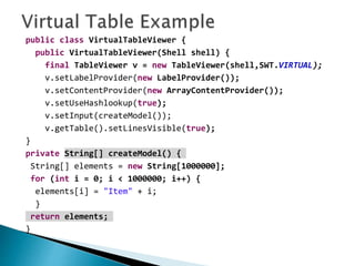 public class VirtualTableViewer {
public VirtualTableViewer(Shell shell) {
final TableViewer v = new TableViewer(shell,SWT.VIRTUAL);
v.setLabelProvider(new LabelProvider());
v.setContentProvider(new ArrayContentProvider());
v.setUseHashlookup(true);
v.setInput(createModel());
v.getTable().setLinesVisible(true);
}
private String[] createModel() {
String[] elements = new String[1000000];
for (int i = 0; i < 1000000; i++) {
elements[i] = "Item" + i;
}
return elements;
}
 