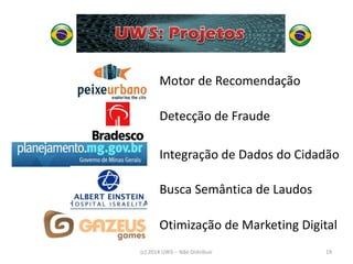 (c) 2014 UWS -- Não Distribuir 
19 
Motor de Recomendação 
Detecção de Fraude 
Integração de Dados do Cidadão 
Busca Semântica de Laudos 
Otimização de Marketing Digital  