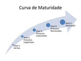 Nível 1: Ad-Hoc 
Nível 2: Processos Engatinham 
Nível 3: Processos Implantados 
Nível 4: Processos Monitorados 
Nível 5: Otimização 
Curva de Maturidade  