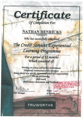 Credit Service Certificate