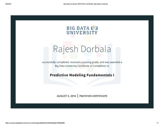 8/5/2016 Big Data University PA0101EN Certificate | Big Data University
https://courses.bigdatauniversity.com/certificates/a92e64227eef4546ad8a812669a0ff67 1/1
Rajesh Dorbala
successfully completed, received a passing grade, and was awarded a
Big Data University Certiﬁcate of Completion in
Predictive Modeling Fundamentals I
AUGUST 5, 2016 | PA0101EN CERTIFICATE
 