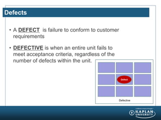 Defects
• A DEFECT is failure to conform to customer
requirements
• DEFECTIVE is when an entire unit fails to
meet acceptance criteria, regardless of the
number of defects within the unit.
Defective
Defect
Defective
 