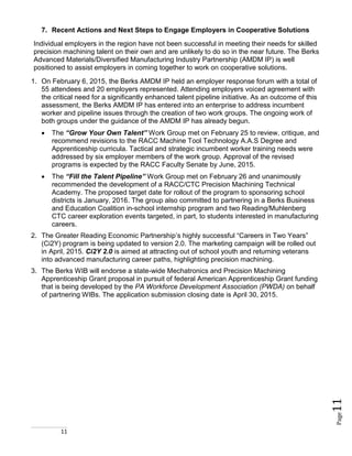 11
Page11
7. Recent Actions and Next Steps to Engage Employers in Cooperative Solutions
Individual employers in the region have not been successful in meeting their needs for skilled
precision machining talent on their own and are unlikely to do so in the near future. The Berks
Advanced Materials/Diversified Manufacturing Industry Partnership (AMDM IP) is well
positioned to assist employers in coming together to work on cooperative solutions.
1. On February 6, 2015, the Berks AMDM IP held an employer response forum with a total of
55 attendees and 20 employers represented. Attending employers voiced agreement with
the critical need for a significantly enhanced talent pipeline initiative. As an outcome of this
assessment, the Berks AMDM IP has entered into an enterprise to address incumbent
worker and pipeline issues through the creation of two work groups. The ongoing work of
both groups under the guidance of the AMDM IP has already begun.
 The “Grow Your Own Talent” Work Group met on February 25 to review, critique, and
recommend revisions to the RACC Machine Tool Technology A.A.S Degree and
Apprenticeship curricula. Tactical and strategic incumbent worker training needs were
addressed by six employer members of the work group. Approval of the revised
programs is expected by the RACC Faculty Senate by June, 2015.
 The “Fill the Talent Pipeline” Work Group met on February 26 and unanimously
recommended the development of a RACC/CTC Precision Machining Technical
Academy. The proposed target date for rollout of the program to sponsoring school
districts is January, 2016. The group also committed to partnering in a Berks Business
and Education Coalition in-school internship program and two Reading/Muhlenberg
CTC career exploration events targeted, in part, to students interested in manufacturing
careers.
2. The Greater Reading Economic Partnership’s highly successful “Careers in Two Years”
(Ci2Y) program is being updated to version 2.0. The marketing campaign will be rolled out
in April, 2015. Ci2Y 2.0 is aimed at attracting out of school youth and returning veterans
into advanced manufacturing career paths, highlighting precision machining.
3. The Berks WIB will endorse a state-wide Mechatronics and Precision Machining
Apprenticeship Grant proposal in pursuit of federal American Apprenticeship Grant funding
that is being developed by the PA Workforce Development Association (PWDA) on behalf
of partnering WIBs. The application submission closing date is April 30, 2015.
 