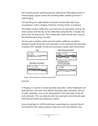 5
but it would prevent reaching pressures required for filling deep cavities in
closed forging. Figure 6 shows the barreling effect created by friction in
upset forging.
This barreling can create defects and points of extremely high stress
concentration within a forging. Therefore, limiting friction is important.
The highest friction coefficients come from the dry work piece coming into
direct contact with the die. As the metal flows along the die, it scrapes into
parts of the die that jut out. This scraping also wears the die away, causing
the dimensional accuracy to lower.
The die wear is another reason why the friction coefficient should be
lowered, though having the most lubrication is not necessarily the best plan.
Creating a film between the die and work piece causes lower dimensional
accuracy.
In forging, it is easiest to create boundary lubrication, while mixed layer and
hydrodynamic are much more difficult. Boundary layer lubrication consists
of polar molecules, such as oils, being placed in the outer layer of the die
and work piece. This can easily be done by spraying the die and work piece
with lubricant before the impression is done.
Using mixed-layer or full film lubrication would require a constant flow of
fluid while the die is being pressed. These are much more difficult since
FIGURE 7: DIFFERING TYPES OF FORGING LUBRICATION
6
 