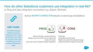 How do other Salesforce customers use integration in real life?
​ d. Plug and play integration connectors e.g. Zapier, Workato
Almost risk-free, expert solutions
Ready to go out of the box or Zapier will
build it for them
Low cost entry to AppExchange integration
Fixed fee
Controlled by third party
Might not scale if their AppExchange
product becomes hugely successful
Build an INSTANT CONNECTOR between an external app and Salesforce
USE CASE:
A Portland-based
software product
company have many
customers who want
to connect their new
marketing tool with
existing Salesforce
data
PROS CONS
 