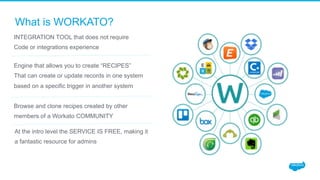 What is WORKATO?
INTEGRATION TOOL that does not require
Code or integrations experience
Engine that allows you to create “RECIPES”
That can create or update records in one system
based on a specific trigger in another system
Browse and clone recipes created by other
members of a Workato COMMUNITY
At the intro level the SERVICE IS FREE, making it
a fantastic resource for admins
 