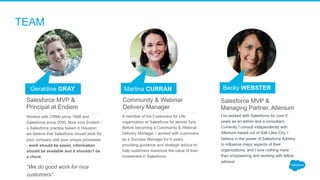 TEAM
Geraldine GRAY
Worked with CRMs since 1998 and
Salesforce since 2000. Now runs Endiem -
a Salesforce practice based in Houston;
we believe that Salesforce should work for
your company and your unique processes
- work should be easier, information
should be available and it shouldn’t be
a chore.
“We do good work for nice
customers”
Salesforce MVP &
Principal at Endiem
Geraldine GRAY
A member of the Customers for Life
organization at Salesforce for almost 5yrs.
Before becoming a Community & Webinar
Delivery Manager, I worked with customers
as a Success Manager for 4 years,
providing guidance and strategic advice to
help customers maximize the value of their
investment in Salesforce.
Becky WEBSTER
I’ve worked with Salesforce for over 9
years as an admin and a consultant.
Currently I consult independently with
Allenium based out of Salt Lake City. I
believe in the power of Salesforce Admins
to influence major aspects of their
organizations, and I love nothing more
than empowering and working with fellow
admins!
Salesforce MVP &
Managing Partner, Allenium
Martina CURRAN
Community & Webinar
Delivery Manager
 