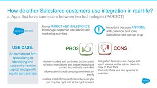 How do other Salesforce customers use integration in real life?
​ a. Apps that have connectors between two technologies (PARDOT)
PROS CONS
Admin-installed and controlled but you need
to follow instructions and ensure mapping is
correct and security controlled
Allows users to add campaign members on
the fly
Creates a trail of prospect interactions so you
can drop the right info at the right moment
Integration features can change with
each release so the admin needs to
stay on their toes
Currently there are two systems to
maintain
Using PARDOT AND SALESFORCE
to manage customer interactions and
marketing activities
Important because ANYONE
with patience and some
Salesforce skill can set it up
USE CASE:
An investment firm
specializing in
identifying and
accessing venture
capital and growth
equity partnerships
 