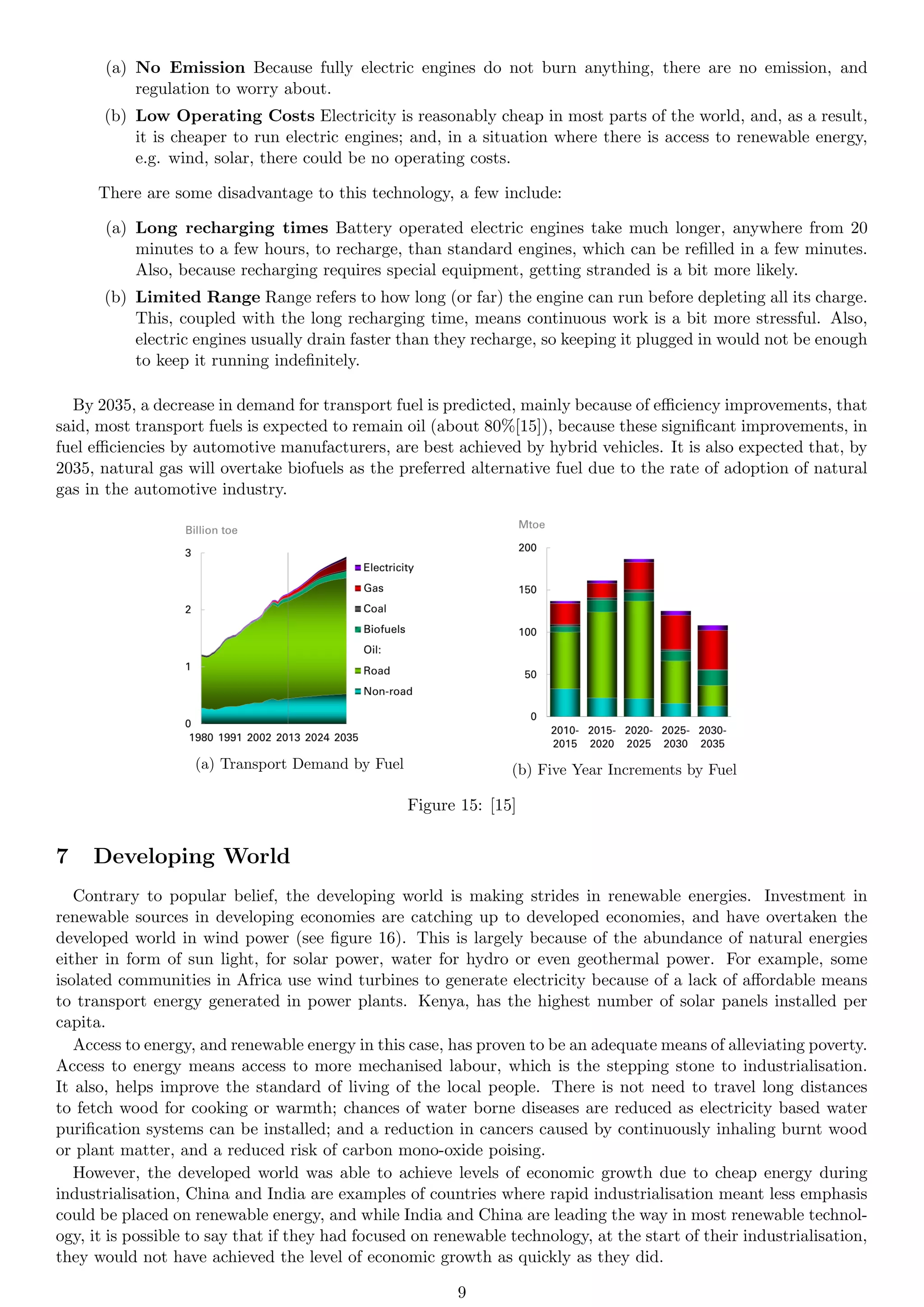 (a) No Emission Because fully electric engines do not burn anything, there are no emission, and
regulation to worry about.
(b) Low Operating Costs Electricity is reasonably cheap in most parts of the world, and, as a result,
it is cheaper to run electric engines; and, in a situation where there is access to renewable energy,
e.g. wind, solar, there could be no operating costs.
There are some disadvantage to this technology, a few include:
(a) Long recharging times Battery operated electric engines take much longer, anywhere from 20
minutes to a few hours, to recharge, than standard engines, which can be refilled in a few minutes.
Also, because recharging requires special equipment, getting stranded is a bit more likely.
(b) Limited Range Range refers to how long (or far) the engine can run before depleting all its charge.
This, coupled with the long recharging time, means continuous work is a bit more stressful. Also,
electric engines usually drain faster than they recharge, so keeping it plugged in would not be enough
to keep it running indefinitely.
By 2035, a decrease in demand for transport fuel is predicted, mainly because of efficiency improvements, that
said, most transport fuels is expected to remain oil (about 80%[15]), because these significant improvements, in
fuel efficiencies by automotive manufacturers, are best achieved by hybrid vehicles. It is also expected that, by
2035, natural gas will overtake biofuels as the preferred alternative fuel due to the rate of adoption of natural
gas in the automotive industry.
(a) Transport Demand by Fuel (b) Five Year Increments by Fuel
Figure 15: [15]
7 Developing World
Contrary to popular belief, the developing world is making strides in renewable energies. Investment in
renewable sources in developing economies are catching up to developed economies, and have overtaken the
developed world in wind power (see figure 16). This is largely because of the abundance of natural energies
either in form of sun light, for solar power, water for hydro or even geothermal power. For example, some
isolated communities in Africa use wind turbines to generate electricity because of a lack of affordable means
to transport energy generated in power plants. Kenya, has the highest number of solar panels installed per
capita.
Access to energy, and renewable energy in this case, has proven to be an adequate means of alleviating poverty.
Access to energy means access to more mechanised labour, which is the stepping stone to industrialisation.
It also, helps improve the standard of living of the local people. There is not need to travel long distances
to fetch wood for cooking or warmth; chances of water borne diseases are reduced as electricity based water
purification systems can be installed; and a reduction in cancers caused by continuously inhaling burnt wood
or plant matter, and a reduced risk of carbon mono-oxide poising.
However, the developed world was able to achieve levels of economic growth due to cheap energy during
industrialisation, China and India are examples of countries where rapid industrialisation meant less emphasis
could be placed on renewable energy, and while India and China are leading the way in most renewable technol-
ogy, it is possible to say that if they had focused on renewable technology, at the start of their industrialisation,
they would not have achieved the level of economic growth as quickly as they did.
9
 