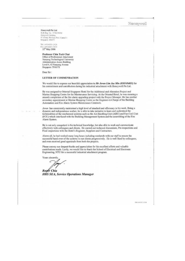Letter of Commendation from Honeywell to NTU