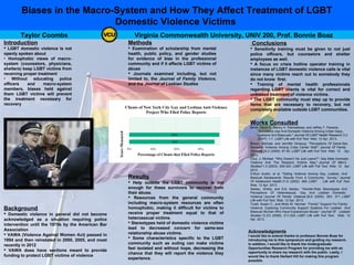 Biases in the Macro-System and How They Affect Treatment of LGBT
Domestic Violence Victims
Acknowledgments
I would like to extend thanks to professor Bonnie Boaz for
introducing me to this symposium and guiding my research.
In addition, I would like to thank the Undergraduate
Opportunities Research Program for providing me with an
opportunity to share my research with the public. Lastly, I
would like to thank Herbert Hill for making this program
possible.
Taylor Coombs Virginia Commonwealth University, UNIV 200, Prof. Bonnie Boaz
Introduction
 LGBT domestic violence is not
openly spoken about
• Homophobic views of macro-
system (counselors, physicians,
shelters) keep LGBT victims from
receiving proper treatment
• Without educating police
officers and macro-system
members, biases held against
them LGBT victims will prevent
the treatment necessary for
recovery
Background
 Domestic violence in general did not become
acknowledged as a situation requiring police
intervention until the 1970s by the American Bar
Association
 VAWA (Violence Against Women Act) passed in
1994 and then reinstated in 2000, 2005, and most
recently in 2012
 VAWA does have sections meant to provide
funding to protect LGBT victims of violence
Results
 Help outside the LGBT community is not
enough for these survivors to recover from
their abuse.
 Resources from the general community
including macro-system resources are often
homophobic, making it difficult for victims to
receive proper treatment equal to that of
heterosexual victims.
 Stereotypes held of domestic violence victims
lead to decreased concern for same-sex
relationship abuse victims.
 Some characteristics specific to the LGBT
community such as outing can make victims
feel isolated and without hope, decreasing the
chance that they will report the violence they
experience.
Conclusions
 Sensitivity training must be given to not just
police officers, but counselors and shelter
employees as well.
 A focus on crisis hotline operator training in
instances of LGBT domestic violence calls is vital
since many victims reach out to somebody they
do not know first.
 Training of mental health professionals
regarding LGBT clients is vital for correct and
unbiased treatment of violence victims.
 The LGBT community must step up to provide
items that are necessary to recovery, but not
completely available outside LGBT communities.
Works Consulted
Brown, Michael, and Jennifer Groscup. "Perceptions Of Same-Sex
Domestic Violence Among Crisis Center Staff." Journal Of Family
Violence 24.2 (2009): 87-93. LGBT Life with Full Text. Web. 12 Apr.
2013.
Cruz, J. Michael. "Why Doesn't He Just Leave?": Gay Male Domestic
Violence And The Reasons Victims Stay." Journal Of Men's
Studies11.3 (2003): 309-323. LGBT Life with Full Text. Web. 12 Apr.
2013.
S.Bryn Austin, et al. "Dating Violence Among Gay, Lesbian, And
Bisexual Adolescents: Results From A Community Survey." Journal
Of Adolescent Health 31.6 (2002): 469. LGBT Life with Full Text.
Web. 12 Apr. 2013.
Seelau, Sheila, and Eric Seelau. "Gender-Role Stereotypes And
Perceptions Of Heterosexual, Gay And Lesbian Domestic
Violence."Journal Of Family Violence 20.6 (2005): 363- 371. LGBT
Life with Full Text. Web. 12 Apr. 2013.
Turell, Susan C., and Molly M. Herman. "Family" Support For Family
Violence: Exploring Community Support Systems For Lesbian And
Bisexual Women Who Have Experienced Abuse." Journal Of Lesbian
Studies 12.2/3 (2008): 211-224. LGBT Life with Full Text. Web. 12
Apr. 2013.
Bimbi, David S., Nancy A. Palmadessa, and Jeffrey T. Parsons.
"Substance Use And Domestic Violence Among Urban Gays,
Lesbians And Bisexuals." Journal Of LGBT Health Research 3.2
(2007): 1-7. LGBT Life with Full Text. Web. 12 Apr. 2013.
Methods
 Examination of scholarship from mental
health, public policy, and gender studies
for evidence of bias in the professional
community and if it affects LGBT victims of
abuse
 Journals examined including, but not
limited to, the Journal of Family Violence,
and the Journal of Lesbian Studies
 