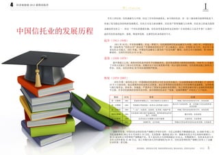 经济观察报 2013 暑期训练营
橙 C·Fighting
5
4
早在上世纪初，信托就被引入中国。经过了百年的风雨洗礼，如今的信托业，在一法三规及相关政策的促进下，
形成了较为稳定的结构和发展模式。信托公司实力愈加雄厚，信托资产管理规模与日俱增，信托业已经成为我国
金融业的支柱之一。但这一个世纪的漫漫长路，信托业究竟是如何走过来的？行业的基石又是否牢靠？让我们一
起经历信托业的起步、衰落、恢复和发展，去感受信托业的前世今生。
1911 年 10 月，辛亥革命爆发，在这一背景下，信托制度和信托业也被引入中国。1921 年，中国历史上
第一家标明为“信托公司”的企业“中国商业信托公司”在上海成立。此后，在短短 40 天中，先后有十余
家信托公司成立。1921 年底，中国近代金融史上著名的“信交风潮”爆发，信托公司大批倒闭，到 1949 年
解放时，全国共有信托公司 14 家。
新中国成立之初，政府对信托业并没有予以彻底消灭，甚至曾试图设立新的信托机构，1949 年 11 月成立
了中国人民银行上海分行信托部，但随后由于实行高度集中统一的计划经济体制，信托机构也随之陆续关门
停业，自此，信托在将近 30 年间从我国销声匿迹。
1979 年第一家信托公司 - 中国国际信托投资公司在北京宣告成立，它由前国家副主席荣毅仁于 1979 年
10 月 4 日创办的，标志着国内信托业的正式恢复。此后各类型的信托投资公司在短期内迅速膨胀，这些机构
与银行抢资金、挤业务、争地盘，严重冲击了国家对金融业务的调控，加之我国金融市场与金融机构制度的
不完善，许多信托机构经营带有盲目性，故中国的信托业在“发展、违规和整顿”中经历了六个轮回。
整顿 时间 背景 结果
第一次整顿 1982 基建投资规模过大，信托贷款所占比重较大 明确了国内信托的经营方针，业务范围
第二次整顿 1985 变相银行贷款投放（各类名义的贷款与投资）
重点在于业务清理，进一步明确了信托业的性质、
业务范围
第三次整顿 1988 “三乱”( 乱集资、乱拆借、乱贷款 ) 现象严重 明确了国内信托的经营方针，业务范围
第四次整顿 1993
信托机构与银行联手违规拆借，利用拆借资金炒房
地产，炒股票
撤并机构、业务清理
第五次整顿 1999 众多信托公司规模小且资不抵债 分业经营、分业管理
第六次整顿 2007 违规经营，支付危机 明确自有资金和信托资金业务范围，分类监管
2008 年以来，中国信托业的信托资产规模几乎每年以约一万亿元的增长不断刷新纪录，由 2008 年底 1.22
万亿迅速增至 2012 年 6 月末的 5.54 万亿。尤其值得一提的是 2011 年，根据各信托公司公布的年报统计：
有 15 家信托公司管理资产规模超千亿，有 5 家信托公司净利润超过 10 亿元。有数据统计，信托业从业人员
去年人均年薪是 47.86 万元，而上市银行的人均年薪则仅为 28 万。信托业管理的资产规模已经坐上了金融
行业的第二把交椅。
起步（1911-1949）
衰落（1949-1979）
恢复（1979-2007）
加速（2008- 今）
Ⅰ
中国信托业的发展历程
 