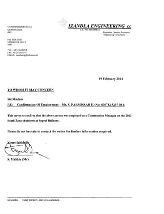 S. PARMISSAR CONFIRMATION LETTER