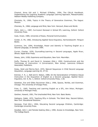 117
Chamot, Anna Uhl and J. Michael O’Malley, 1994, The CALLA Handbook.
Implementing the Cognitive Academic Language Learning Approach, Massachusetts:
Addison-Wesley Publishing Company.
Chomsky, N., 1966, Topics in the Theory of Generative Grammar, The Hague:
Mouton.
Chomsky, N., 1968, Langauge and Mind, New York: Harcourt, Brace and World.
Clark, John L., 1987, Curriculum Renewal in School EFL Learning, Oxford: Oxford
University Press.
Cook, Vivian, 1989, University of Essex, Personal Communication.
Corder, S. Pit, 1982, Introducing Applied Socio-linguistics, Harmondsworth: Penguin
Books.
Cummins, Jim, 1994, Knowledge, Power and Identity in Teaching English as a
Second Language, In Genesee 1994.
Curran, Charles, 1976, Councelling-Learning in Second Languages, Apple River,
Illinois: Apple River Press.
Dewey, John, 1938, Experience and Education, New York: Macmillan.
Duffy, Thomas M. and David H. Jonassen (Eds.), 1992, Constructivism and the
Technology of Instruction: A Conversation, New Jersey: Lawrence Erlbaum
Associates, Publishers.
Dulay, Heidi and Marina Burt, 1974, Natural Sequences in Child Second Language
Acquisition, Language Learning 24, 37-53.
Eckman, F. R., L. Bell and D. Nelson, 1988, On the Generalization of Relative Clause
Instruction in the Acquisition of English as a Second Language, Applied Socio-
linguistics, Vol. 9, No. 1, Oxford: Oxford University Press, 1-20.
Sweetser, Eve and Gilles Fauconnier (Eds.), 1996, Spaces, Worlds, and Grammar,
Chicago: The University of Chicago Press.
Fries, C., 1945, Teaching and Learning English as a EFL, Ann Arbor, Michigan:
University of Michigan Press.
Gardner, Howard, 1991, The Unschooled Mind, New York: Basic Books.
Gattegno, Caleb, 1972, Teaching EFLs in Schools: The Silent Way. Second Edition,
New York: Educational Solutions.
Genesee, Fred (Ed.), 1994, Educating Second Language Children, Cambridge:
Cambridge University Press.
Goodlad, John I. and Pamela Keating (Eds.), 1990, Access to Knowledge, New York:
The College Board.
 