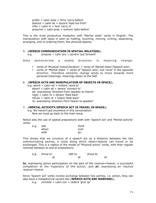 15
prefer < Latin prae + ferre ‘carry before’
deduce < Latin de + ducere ‘lead out from’
infer < Latin in + fere ‘carry in’
presume < Latin prae + sumere ‘take before’
This is the most productive metaphor with ‘Mental state’ verbs in English. The
manipulation with ideas is seen as holding, touching, moving, uniting, separating,
arranging, and re-ordering them, like physical objects.
5. /SPEECH COMMUNICATION IS SPATIAL RELATION/,
e.g. propose < Latin pro + ponere ‘put forward’
Data demonstrate a stable direction in meaning change:
• verbs of ‘Physical motion/location’ > verbs of ‘Mental state’/’Speech acts’;
• verbs of ‘Mental state’ > verbs of ‘Speech acts’, but never in the opposite
direction. Therefore semantic change tends to move towards more
personal meanings, meanings closer to the Self.
6. /SPEECH ACTS ARE MANIPULATION OF OBJECTS IN SPACE/,
e.g. admit < Latin ad + mittere ‘send to’
assert < Latin ad + serere ‘connect to’
ad- expressing ‘direction from speaker to hearer’
reply < Latin re + plicare ‘feed back’
refuse < Latin re + futare ‘beat back’
re- expressing ‘direction from hearer to speaker’
7. /MENTAL ACTIVITY/SPEECH ACT IS TRAVEL IN SPACE/,
e.g. We haven’t got anywhere in this conversation.
Now we must go back to the main issue.
Notice also the use of spatial prepositions both with ‘Speech act’ and ‘Mental activity’
verbs:
e.g. talk think
about over
walk go
This shows that we conceive of a speech act as a distance between the two
communicating parties, a route along which ideas=objects can travel or be
exchanged. This is a replica of the model of ‘Physical action’ verbs, with their regular
contrast between to and at prepositions:
e.g. throw to talk to shout to
at at at
to, expressing active participation on the part of the receiver=hearer, a successful
completion of the trajectory of the action, and at, expressing an inactive
receiver=hearer.
Since ‘Speech act’ verbs involve exchange between two parties, i.e. action, they can
also have a metaphorical variant like /SPEECH ACTS ARE WARFARE/,
e.g. concede < Latin con + cedere ‘give up’
 