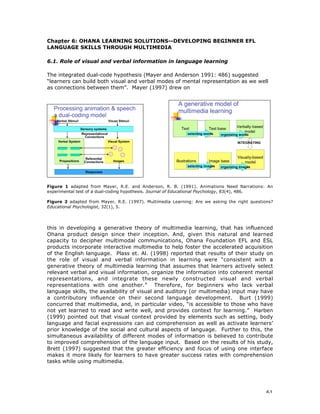 61
Chapter 6: OHANA LEARNING SOLUTIONS--DEVELOPING BEGINNER EFL
LANGUAGE SKILLS THROUGH MULTIMEDIA
6.1. Role of visual and verbal information in language learning
The integrated dual-code hypothesis (Mayer and Anderson 1991: 486) suggested
“learners can build both visual and verbal modes of mental representation as we well
as connections between them”. Mayer (1997) drew on
Figure 1 adapted from Mayer, R.E. and Anderson, R. B. (1991). Animations Need Narrations: An
experimental test of a dual-coding hypothesis. Journal of Educational Psychology, 83(4), 486.
Figure 2 adapted from Mayer, R.E. (1997). Multimedia Learning: Are we asking the right questions?
Educational Psychologist, 32(1), 5.
this in developing a generative theory of multimedia learning, that has influenced
Ohana product design since their inception. And, given this natural and learned
capacity to decipher multimodal communications, Ohana Foundation EFL and ESL
products incorporate interactive multimedia to help foster the accelerated acquisition
of the English language. Plass et. Al. (1998) reported that results of their study on
the role of visual and verbal information in learning were “consistent with a
generative theory of multimedia learning that assumes that learners actively select
relevant verbal and visual information, organize the information into coherent mental
representations, and integrate these newly constructed visual and verbal
representations with one another.” Therefore, for beginners who lack verbal
language skills, the availability of visual and auditory (or multimedia) input may have
a contributory influence on their second language development. Burt (1999)
concurred that multimedia, and, in particular video, “is accessible to those who have
not yet learned to read and write well, and provides context for learning.” Harben
(1999) pointed out that visual context provided by elements such as setting, body
language and facial expressions can aid comprehension as well as activate learners’
prior knowledge of the social and cultural aspects of language. Further to this, the
simultaneous availability of different modes of information is believed to contribute
to improved comprehension of the language input. Based on the results of his study,
Brett (1997) suggested that the greater efficiency and focus of using one interface
makes it more likely for learners to have greater success rates with comprehension
tasks while using multimedia.
 
