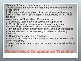 Supervision Competency Training
Training of Supervision Competencies
1.Coursework in supervision including knowledge and skill
areas listed
2. Has received supervision of supervision including some
form of observation (videotape or audio-tape) with critical
feedback
Assessment of Supervision Competencies
1. Successful completion of course on supervision
2. Verification of previous supervision of supervision
documenting readiness to supervise independently
3. Evidence of direct observation (e.g., audio or videotape)
4. Documentation of supervisory experience reflecting
diversity
5. Documented supervisee feedback
6. Self-assessment and awareness of need for consultation
when necessary
7. Assessment of supervision outcomes– both individual and
group
 