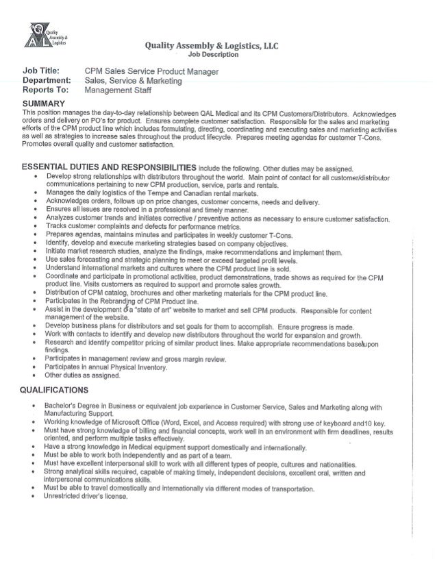 CPM Sales Service Product Manager Job Description