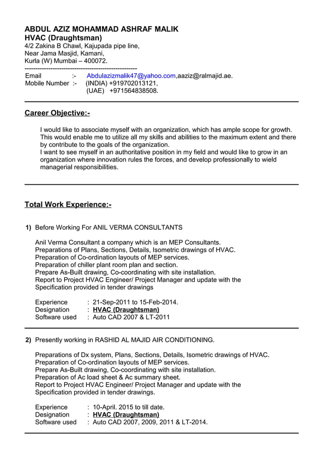 RESUME FOR JOB IN HVAC DRAUGHTSMAN PDF