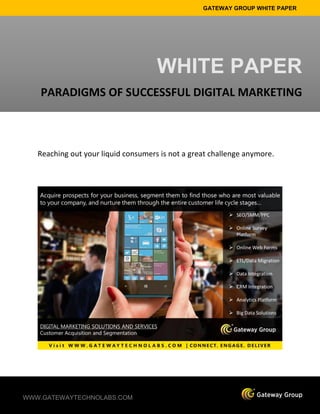 GATEWAY GROUP WHITE PAPER
WWW.GATEWAYTECHNOLABS.COM
Reaching out your liquid consumers is not a great challenge anymore.
WHITE PAPER
PARADIGMS OF SUCCESSFUL DIGITAL MARKETING
STRATEGY
Reaching out your liquid consumers is not a great challenge anymore
 
