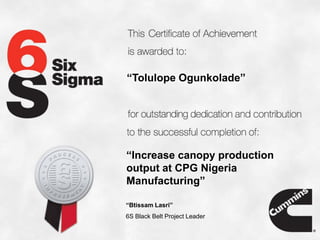 “Tolulope Ogunkolade”
“Increase canopy production
output at CPG Nigeria
Manufacturing”
“Btissam Lasri”
6S Black Belt Project Leader
 