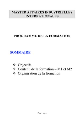 Page 1 sur 6
MASTER AFFAIRES INDUSTRIELLES
INTERNATIONALES
PROGRAMME DE LA FORMATION
SOMMAIRE
 Objectifs
 Contenu de la formation – M1 et M2
 Organisation de la formation
 