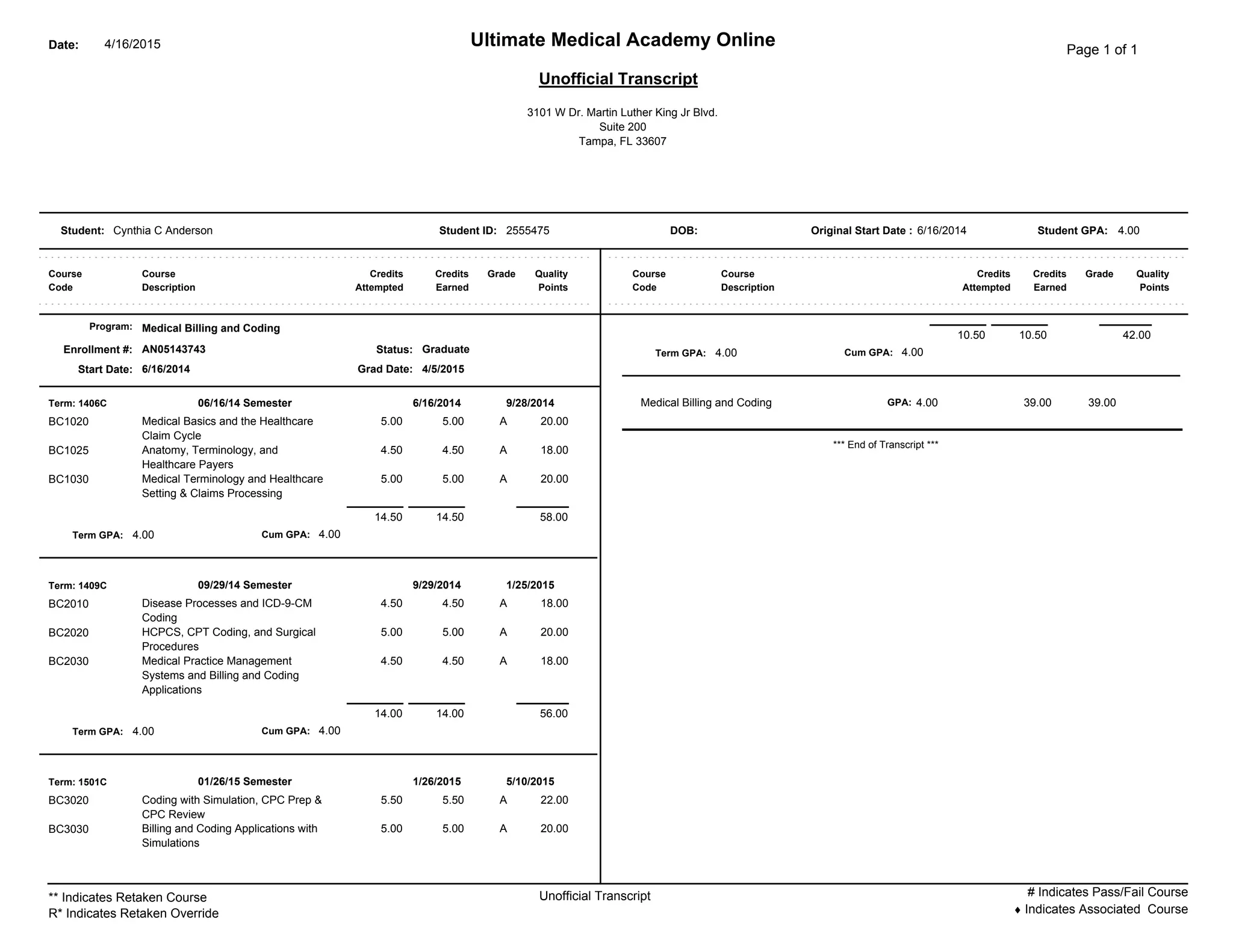 Cynthia Anderson's Transcript | PDF