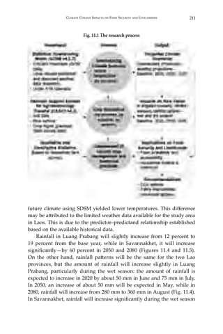 211Climate Change Impacts on Food Security and Livelihoods
Fig. 11.1 The research process
future climate using SDSM yielded lower temperatures. This difference
may be attributed to the limited weather data available for the study area
in Laos. This is due to the predictor–predictand relationship established
based on the available historical data.
	 Rainfall in Luang Prabang will slightly increase from 12 percent to
19 percent from the base year, while in Savannakhet, it will increase
significantly—by 60 percent in 2050 and 2080 (Figures 11.4 and 11.5).
On the other hand, rainfall patterns will be the same for the two Lao
provinces, but the amount of rainfall will increase slightly in Luang
Prabang, particularly during the wet season: the amount of rainfall is
expected to increase in 2020 by about 50 mm in June and 75 mm in July.
In 2050, an increase of about 50 mm will be expected in May, while in
2080, rainfall will increase from 280 mm to 360 mm in August (Fig. 11.4).
In Savannakhet, rainfall will increase significantly during the wet season
 