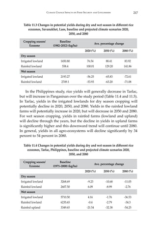 217Climate Change Impacts on Food Security and Livelihoods
Table 11.3 Changes in potential yields during dry and wet season in different rice
ecozones, Savanakhet, Laos, baseline and projected climate scenarios 2020,
2050, and 2080
Cropping season/
Ecozone
Baseline
(1982–2012) (kg/ha)
Ave. percentage change
2020 (%) 2050 (%) 2080 (%)
Dry season
Irrigated lowland 1450.80 76.54 88.41 83.92
Rainfed lowland 558.4 100.01 129.20 141.86
Wet season
Irrigated lowland 2193.27 -56.25 -65.83 -72.61
Rainfed lowland 2749.1 -53.93 -63.20 -71.08
	 In the Philippines study, rice yields will generally decrease in Tarlac,
but will increase in Pangasinan over the study period (Table 11.4 and 11.5).
In Tarlac, yields in the irrigated lowlands for dry season cropping will
potentially decline in 2020, 2050, and 2080. Yields in the rainfed lowland
farms will potentially increase in 2020, but will decrease in 2050 and 2080.
For wet season cropping, yields in rainfed farms (lowland and upland)
will decline through the years, but the decline in yields in upland farms
is significantly higher and this downward trend will continue until 2080.
In general, yields in all agro-ecosystems will decline significantly by 34
percent to 54 percent in 2080.
Table 11.4 Changes in potential yields during dry and wet season in different rice
ecozones, Tarlac, Philippines, baseline and projected climate scenarios 2020,
2050, and 2080
Cropping season/
Ecozone
Baseline
(1971–2000) (kg/ha)
Ave. percentage change
2020 (%) 2050 (%) 2080 (%)
Dry season
Irrigated lowland 3268.69 -9.23 -10.68 -11.05
Rainfed lowland 2607.50 6.09 -8.99 -2.76
Wet season
Irrigated lowland 5710.50 4.16 -1.76 -36.53
Rainfed lowland 6235.65 -0.4 -2.79 -34.3
Rainfed upland 3349.65 -21.54 -32.38 -54.25
 