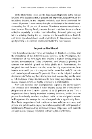 220 Climate Risks, Regional Integration and Sustainability in the Mekong Region
	 In the Philippines, losses due to flooding and typhoons in the rainfed
lowland areas accounted for 28 percent and 20 percent, respectively, of the
household income. In the irrigated lowlands, such losses accounted for
around 15 percent. Losses due to drought are highest for the rainfed areas,
accounting for 15 percent of income. Non-farm income complements
farm income. During the dry season, income is derived from non-farm
activities, especially carpentry, charcoal-making, firewood gathering, and
tricycle driving. During the wet season, non-farm activities are limited,
and some households have small retail stores. In Pangasinan province,
gold panning is a source of employment after the rainy season.
Impact on livelihood
Total household income varies depending on location, ecozone, and
the importance of the different income sources. In the Philippines, the
contribution of rice farming to total income is highest among irrigated
lowland rice farmers in Tarlac (55 percent) and lowest (35 percent) for
farmers with rainfed upland rice fields (Table 11.6). Furthermore, the
irrigated lowland farmers are also more heavily dependent on farm
income sources (60 percent) compared to the rainfed lowland (50 percent)
and rainfed upland farmers (38 percent). Hence, while irrigated lowland
rice farmers in Tarlac may have the highest total income, they are the most
at risk to climate change impacts due to their heavy dependence on farm
income sources, which are highly sensitive to climate factors.
	 Non-farm activities such as employment in public and private sectors
and overseas also constitute a major income source for a considerable
proportion of rice farmers. About 12 to 20 percent of the Tarlac
respondents have family members working overseas, while 20 to 40
percent have family members employed in the private and public sectors.
In Pangasinan, the average income of respondents is significantly lower
than Tarlac respondents, but remittances from relatives overseas, and
private and public sector employment also constitutes 28 to 30 percent of
total income. Moreover, they are less dependent (34 percent to 45 percent)
on farm income sources compared to their Tarlac counterparts.
 