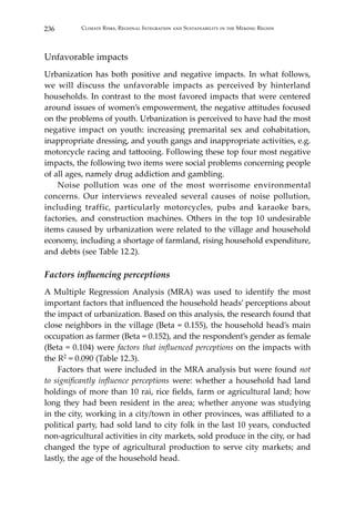 236 Climate Risks, Regional Integration and Sustainability in the Mekong Region
Unfavorable impacts
Urbanization has both positive and negative impacts. In what follows,
we will discuss the unfavorable impacts as perceived by hinterland
households. In contrast to the most favored impacts that were centered
around issues of women’s empowerment, the negative attitudes focused
on the problems of youth. Urbanization is perceived to have had the most
negative impact on youth: increasing premarital sex and cohabitation,
inappropriate dressing, and youth gangs and inappropriate activities, e.g.
motorcycle racing and tattooing. Following these top four most negative
impacts, the following two items were social problems concerning people
of all ages, namely drug addiction and gambling.
	 Noise pollution was one of the most worrisome environmental
concerns. Our interviews revealed several causes of noise pollution,
including traffic, particularly motorcycles, pubs and karaoke bars,
factories, and construction machines. Others in the top 10 undesirable
items caused by urbanization were related to the village and household
economy, including a shortage of farmland, rising household expenditure,
and debts (see Table 12.2).
Factors influencing perceptions
A Multiple Regression Analysis (MRA) was used to identify the most
important factors that influenced the household heads’ perceptions about
the impact of urbanization. Based on this analysis, the research found that
close neighbors in the village (Beta = 0.155), the household head’s main
occupation as farmer (Beta = 0.152), and the respondent’s gender as female
(Beta = 0.104) were factors that influenced perceptions on the impacts with
the R2 = 0.090 (Table 12.3).
	 Factors that were included in the MRA analysis but were found not
to significantly influence perceptions were: whether a household had land
holdings of more than 10 rai, rice fields, farm or agricultural land; how
long they had been resident in the area; whether anyone was studying
in the city, working in a city/town in other provinces, was affiliated to a
political party, had sold land to city folk in the last 10 years, conducted
non-agricultural activities in city markets, sold produce in the city, or had
changed the type of agricultural production to serve city markets; and
lastly, the age of the household head.
 