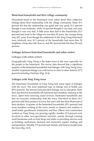 241Impact of Urbanization on the Hinterlands
Hinterland households and their village community
Household heads in the hinterland were asked about their subjective
feelings about their relationship with the village community. Some 37.1
percent felt that the relationship was good and very good, 61.3 percent
thought it was moderate, while 1.6 percent thought it was bad, and none
thought it was very bad. A little more than half of the households (53.3
percent) had lived in the village for less than 30 years, the average being
only 26.7 years. Even though the settlements in the Vang Vieng hinterland
were relatively new, 41.3 percent of the households had more than 20
neighbors whom they felt close to, and 58.7 percent had less than 20 such
persons.
Linkages between hinterland households and urban centers
Linkages with urban centers
Geographically Vang Vieng is the major town in the area, especially for
the people in the hinterland. The survey data showed that a significant
majority of the hinterland households had linkages with Vang Vieng town.
Another important linkage was with towns or cities in other districts (17.2
percent) including Vientiane (Fig. 12.4).
Linkages with Vang Vieng town
The hinterland households of Vang Vieng had many types of linkages
with the town. The most important type of linkage was in health care
(87.6 percent). The second most prevalent linkage was in education. More
than one-third of households (36.5 percent) had members studying in the
town. Apart from receiving social services, hinterland households also
had an economic relationship with the town. One-third of them (31.7
percent) sold their produce in town, but most sold less than 50 percent of
their produce. A quarter of the hinterland households (25.1 percent) had
some members working in the town, mostly as cleaners and workers in
small hotels, guesthouses, restaurants, and bars. Others were construction
workers as Vang Vieng was growing rapidly. Another 21.9 percent were
involved in other non-agricultural activities, mainly through running
small businesses such as food shops and stalls; or providing services such
as building; mechanical, electrical and electronics repairs; trading; and
transportation. Notably, 9.5 percent had already sold land to people from
the town (Fig. 12.5).
 